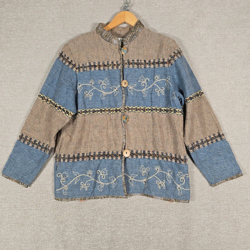 Dressbarn Womens Blue Tan Cotton Embroidered Boho Woven Jacket Size M